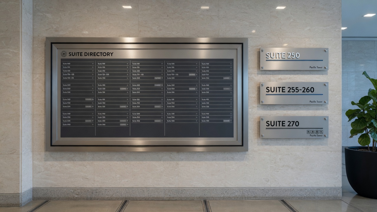Irvine office lobby directory and suite plaques