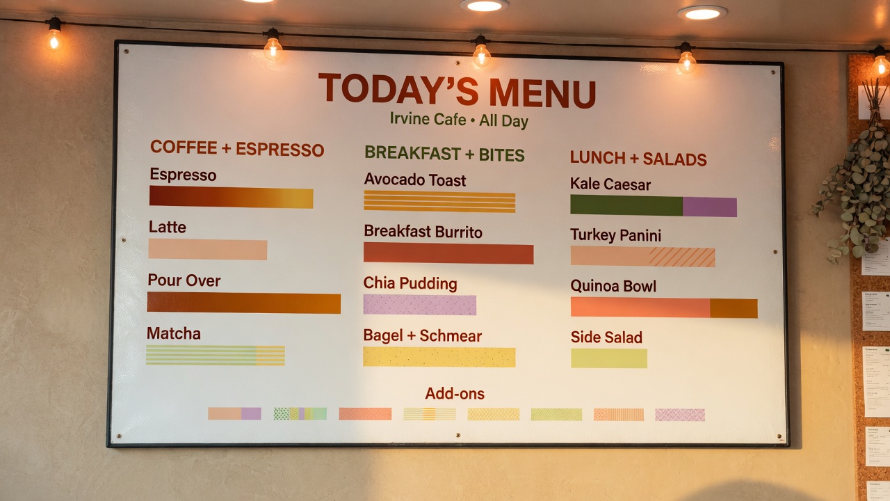 UV printed restaurant menu board in an Irvine cafe