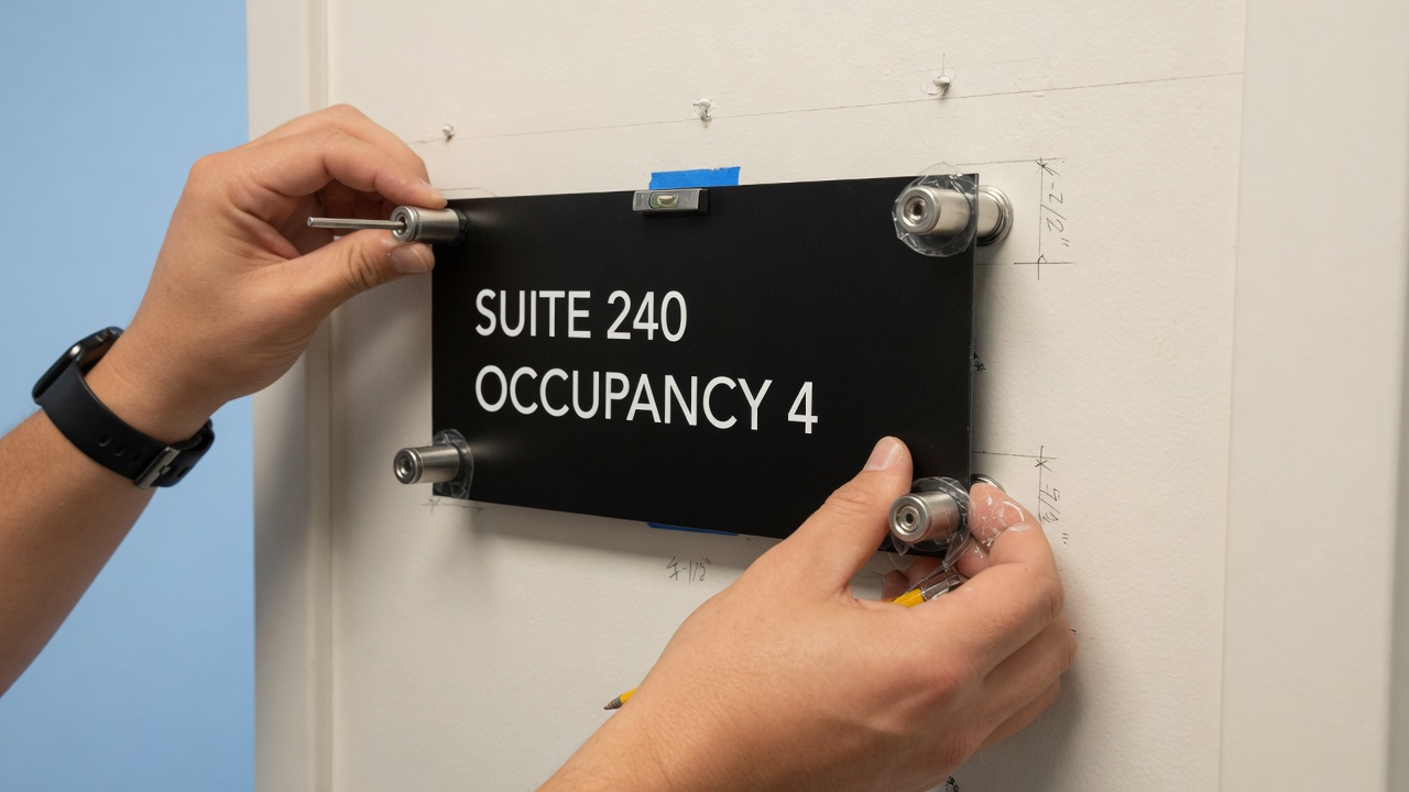 Rigid sign mounted on standoffs in an Irvine suite